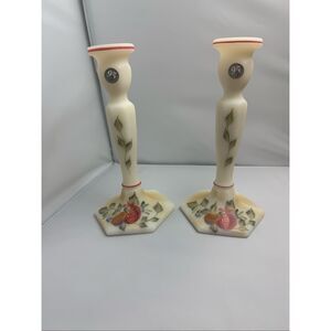 Fenton Christmas 2000 "Sweet Harvest" Candlesticks White Satin Hand Painted Sign